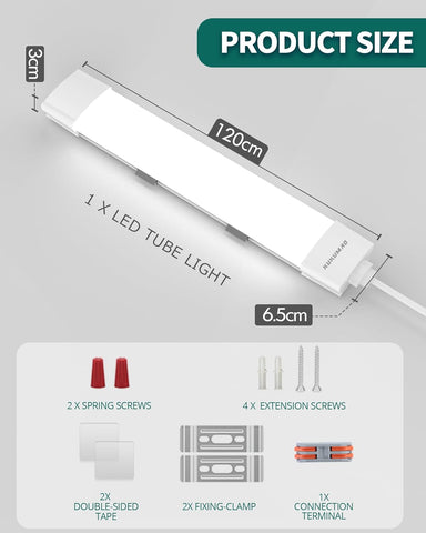 LED tube light with dimensions and included components on a gray background