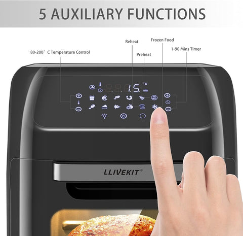 LLIVEKIT 12L Air Fryer Oven – 1800W, Rotisserie & Dehydrator, 12 Presets, 90-Min Timer, Preheat & Reheat, Oil-Less Cooking