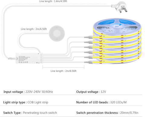 12V COB LED Strip Lights Kit with Touch & Hand Sweep Dimmer Switch