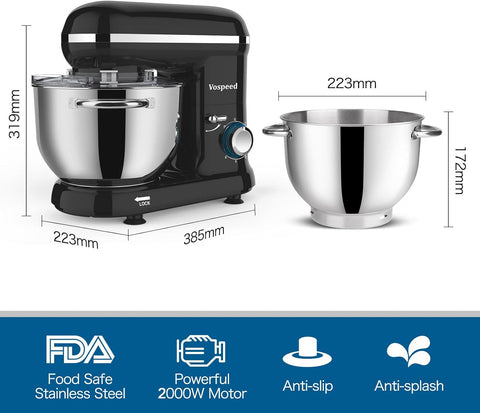 Food Mixer Dough Blender 6.2L 2000W Electric Stand Mixer – Cake Mixer with Bowl, Beater, Hook, Whisk & Spatula – Black