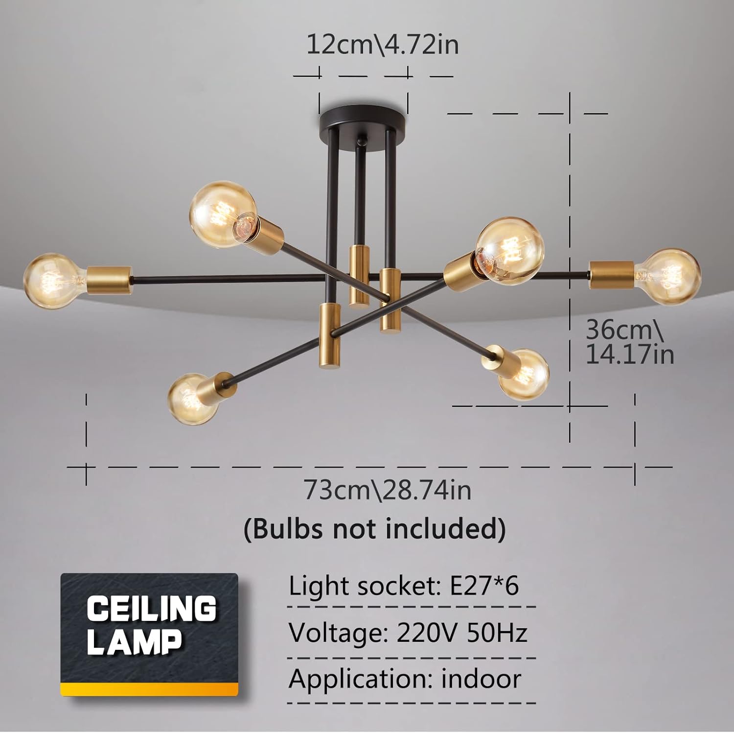 Ceiling lamp with dimensions and specifications on a gray background
