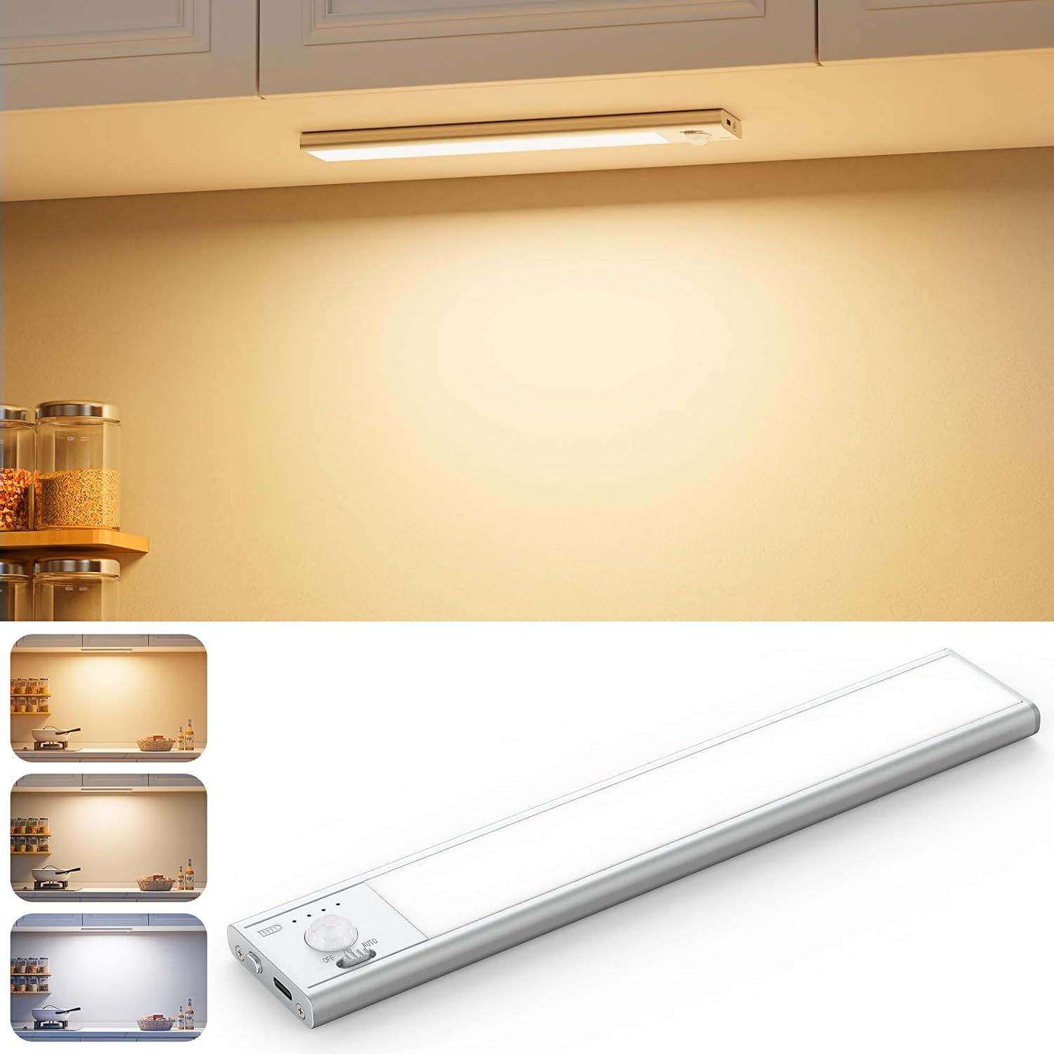 Under-cabinet LED light bar with color temperature options displayed below.