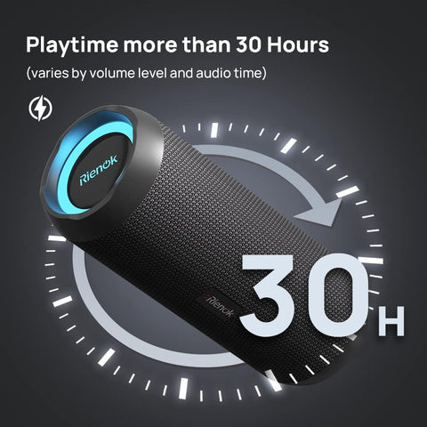 Rienok speaker with 30-hour playtime display on a dark background