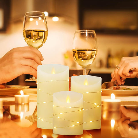 Flameless LED Wax Pillar Candles with Fairy Lights, Remote & Timer, Flickering Battery Operated Candle Set of 3 (4″/5″/6″)
