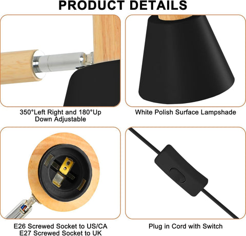 Product details of a lamp with adjustable arm, black lampshade, wooden base, and electrical components.