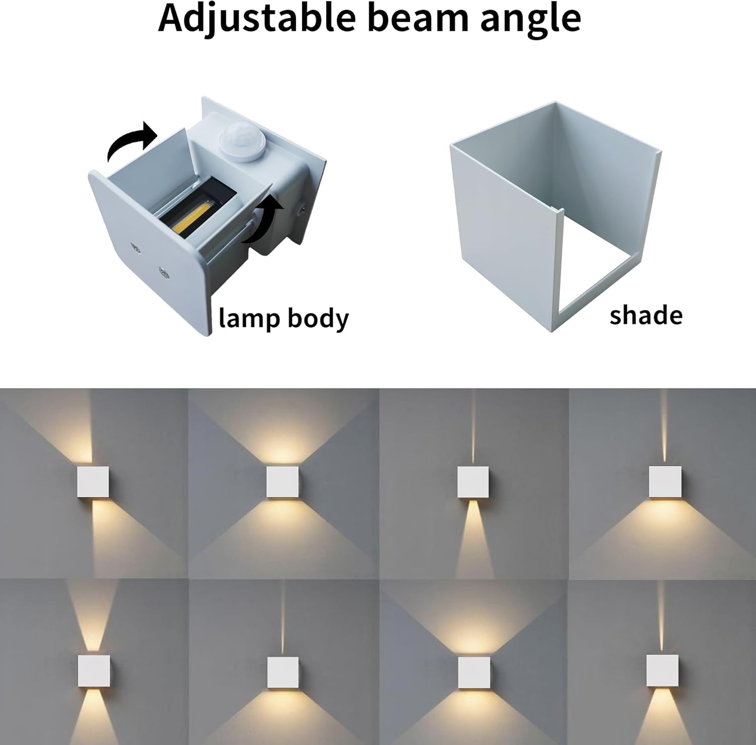 Light fixture with adjustable beam angle, showing lamp body and shade, and demonstrating light direction on a wall.