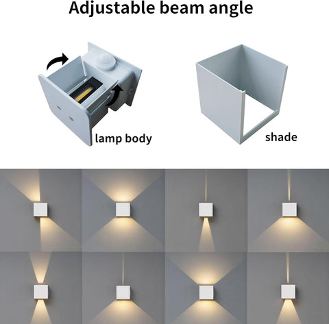 Light fixture with adjustable beam angle, showing lamp body and shade, and demonstrating light direction on a wall.