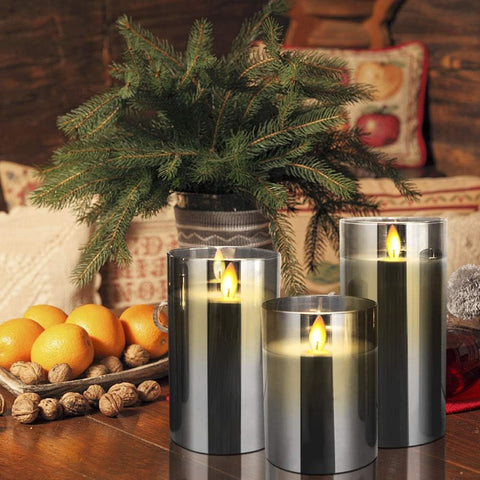 Flameless LED Glass Pillar Candles with Remote & Timer, Real Wax Flickering Wick Battery Operated Candle Set of 3 (4″/5″/6″, Grey)