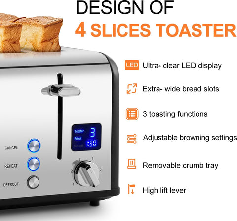 4 Slice Stainless Steel Toaster – Black | LED Display, Extra-Wide Slots, 6 Browning Settings, Defrost, Reheat & Cancel