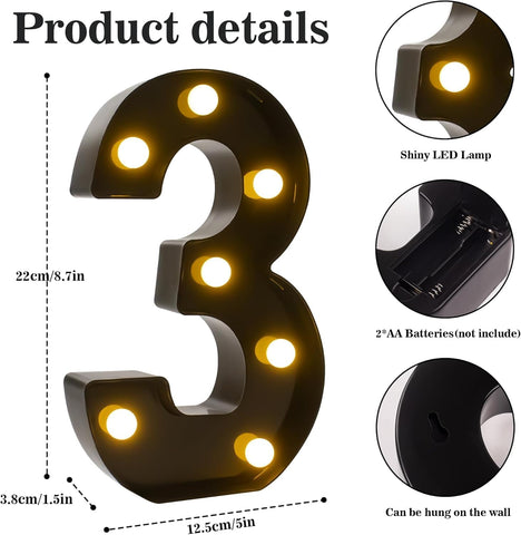 Light Up Glitter Number 30 LED Decorative Sign, Black Finish Birthday and Anniversary Party Decoration, 8.7-Inch Standing LED Numbers for Tabletop or Wall Display