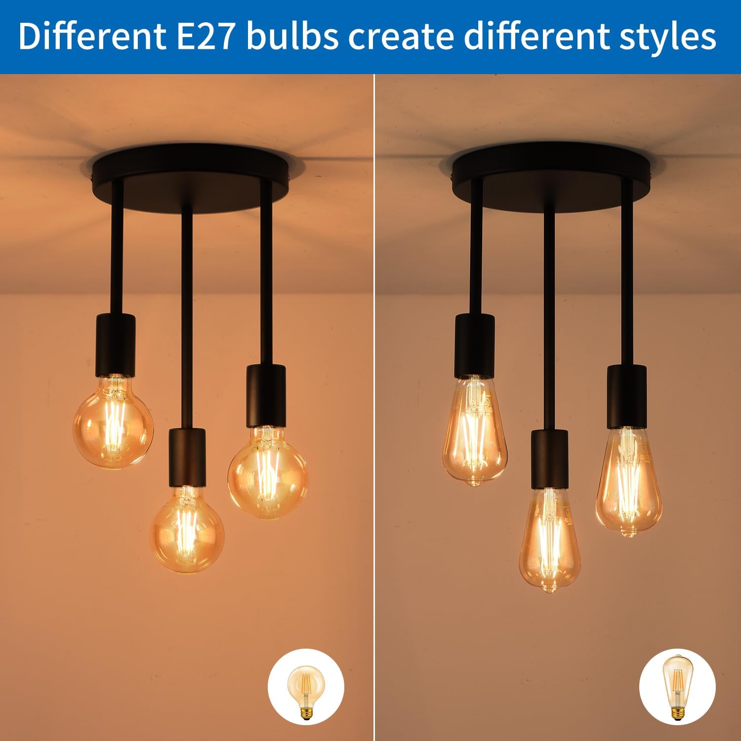 Two ceiling light fixtures with different E27 bulbs on a beige background.