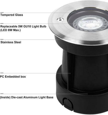 DAWALIGHT Recessed Ground GU10 5W LED Garden Light - IP67 Waterproof Outdoor Underground Round Walk Over Lighting for Pathway, Patio, Driveway - Mains Powered, Stainless Steel