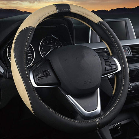 Leather Car Steering Wheel Cover Black Beige 15 Inch