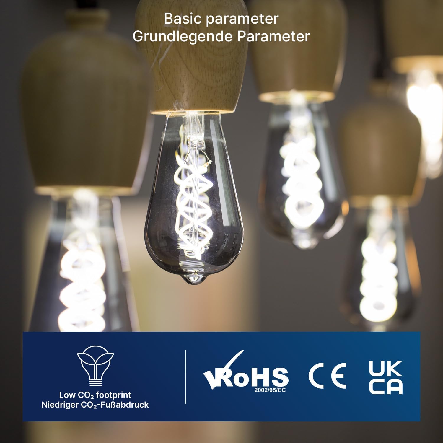 Edison-style light bulbs with visible filaments, surrounded by certification logos on a dark background.