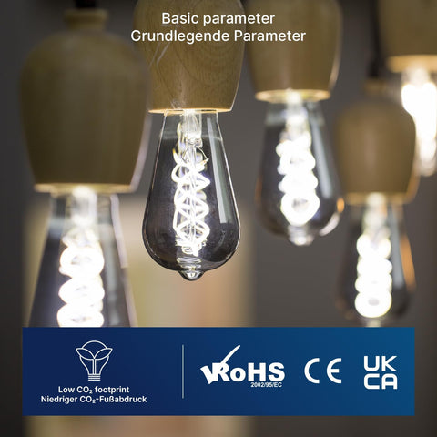 Edison-style light bulbs with visible filaments, surrounded by certification logos on a dark background.