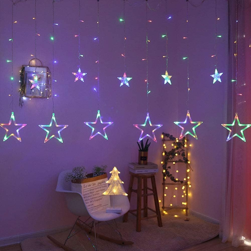 Room interior with star-shaped LED lights on a purple wall.