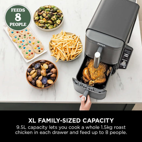 Double Stack XL Air Fryer with Dual Drawers, 9.5L Capacity, 6 Cooking Functions, 4 Levels, Space-Saving Design – Grey