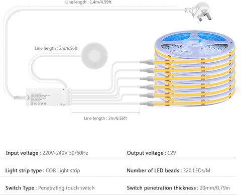 12V COB LED Strip Lights Kit 6x1M Warm White with Touch Dimmer Switch