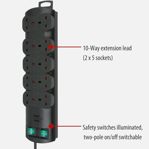 Brennenstuhl Primera-Line 10-way Extension Lead (Power strip with 2 switches for 5 sockets each and 2m cable) Black