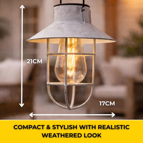 Festive Lights - 2 Pack of 71cm Grey Solar Fisherman Outdoor Stake Light with Hanging Lantern - Warm White Filament Effect LED, Antique Rustic Metal Look, IP44 Rated, Cage Finish, Integrated Panel