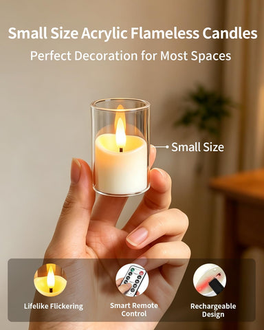 6 Pack Small Rechargeable Acrylic Flameless Candles with Remote Timer 4 x 6.5cm LED Tea Light Flickering Votive Mini Candles Battery Operated for Home Table Halloween Party Wedding Decor