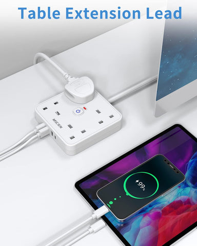 5M 4 Gang Extension Lead with USB C and 3 USB A Ports, Wall Mount Power Strip