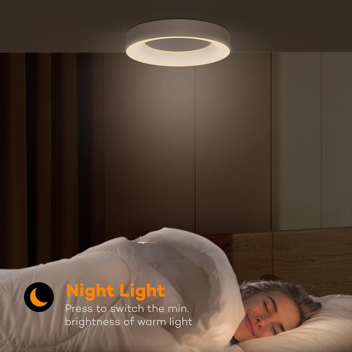Person lying in bed with a night light above, text indicating it can be switched on and off.
