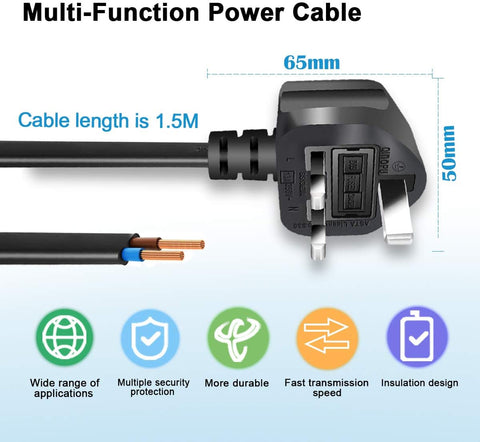 13A Fused Power Cable 1.5m UK Plug Bare Ends – Black