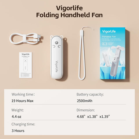 Mini Handheld Fan,USB Rechargeable 3 IN 1 Personal Cooler Fans with Power Bank,LED Flashlight,Small Foldable Pocket Fan-Travel & Emergency Essentials for Outdoor Portable Cooling Fan (White)