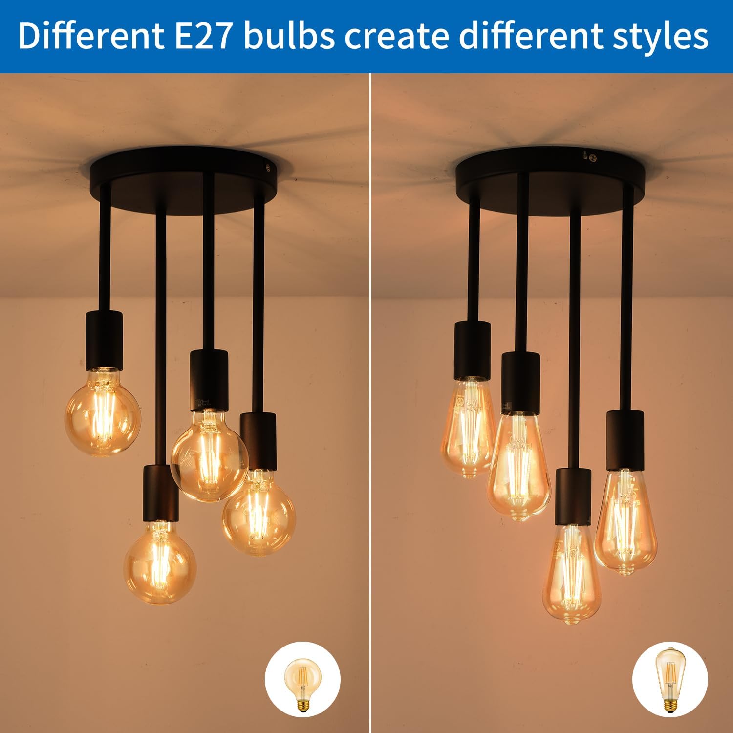Light fixture with E27 bulbs on a beige background, showing different bulb styles.