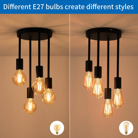 Light fixture with E27 bulbs on a beige background, showing different bulb styles.