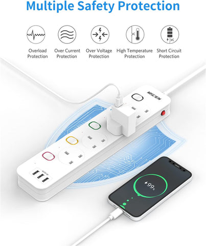 Mscien Extension Lead with 4 Sockets, 3 USB Ports, 3m Cable & Individual Switches – Keep Your Desk Tidy and Your Everyday Devices Within Reach