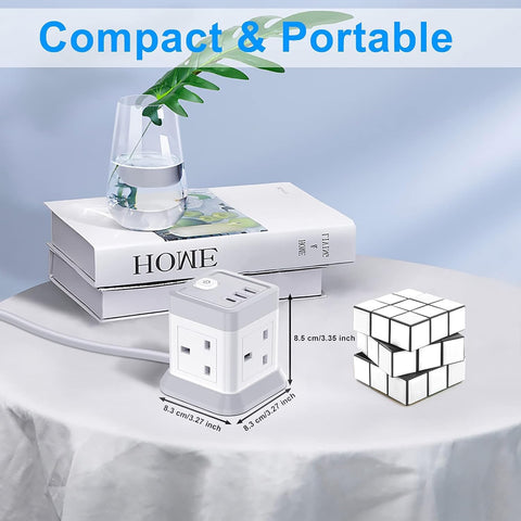 BEVA 4 Way Cube Extension Lead with 3 USB Ports, 1.5m Cable & On/Off Switch – Keep Your Everyday Essentials Powered Without the Desk Clutter