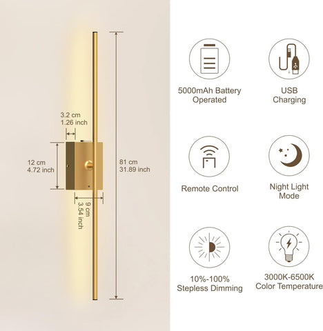 Wireless Battery Operated Wall Sconce with Remote Gold
