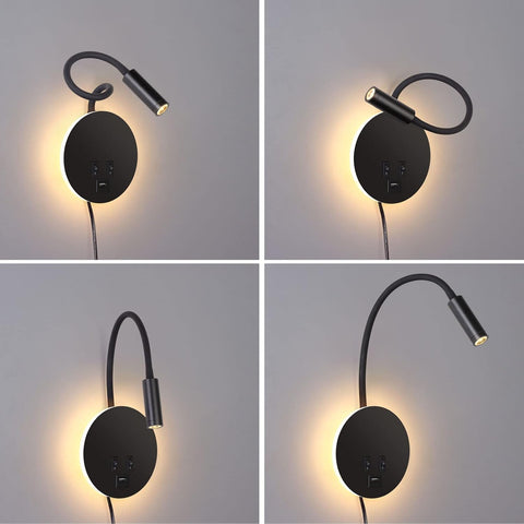 Black wall-mounted reading light with flexible arm on a gray background