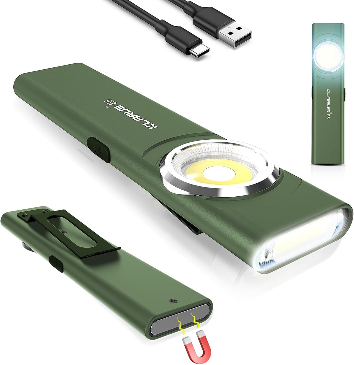 600 lumen flashlight usb rechargeable Flat EDC Torch 600 Lumens USB-C Rechargeable COB Work Light Green