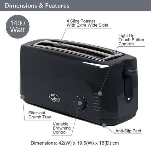 4 Slice Black Toaster – Extra Wide Long Slots for Crumpets & Bagels – 6 Browning Settings – Reheat & Defrost Function