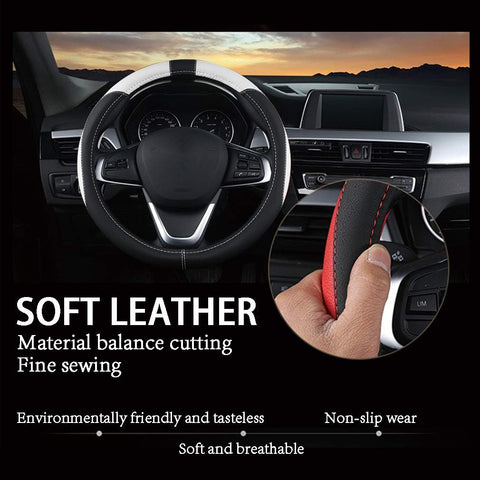 Leather Car Steering Wheel Cover 15 Inch – Black White Anti-Slip Protector