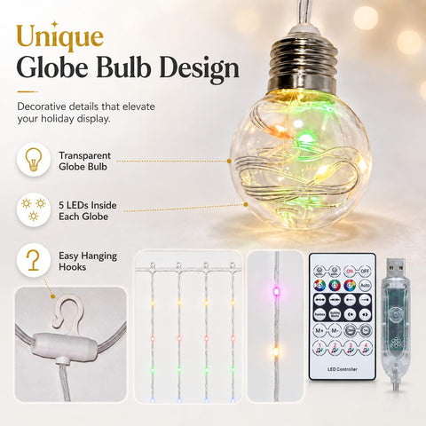 Ollny Curtain Fairy Lights 3m – 135 RGB LEDs with 10 Globe Lights, USB Powered Christmas Window Lights - Turn Every Festive Corner Into a Colourful Glow