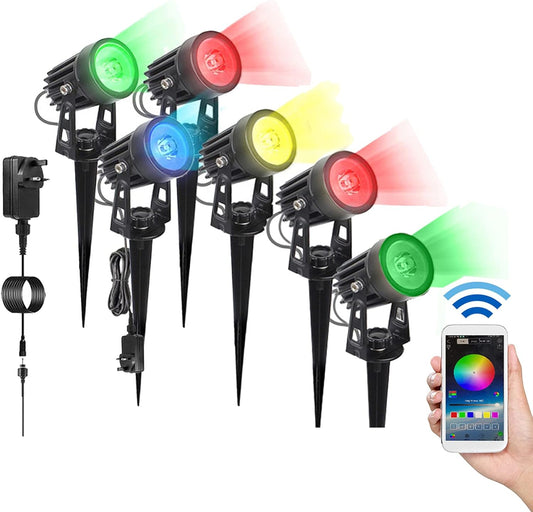 Garden Spotlights Mains Powered RGB LED 6 in 1 Garden Lights 18W Phone Remote Control Smart Timing Garden Lights 16 Colour IP65 Spike Lights for Outdoor