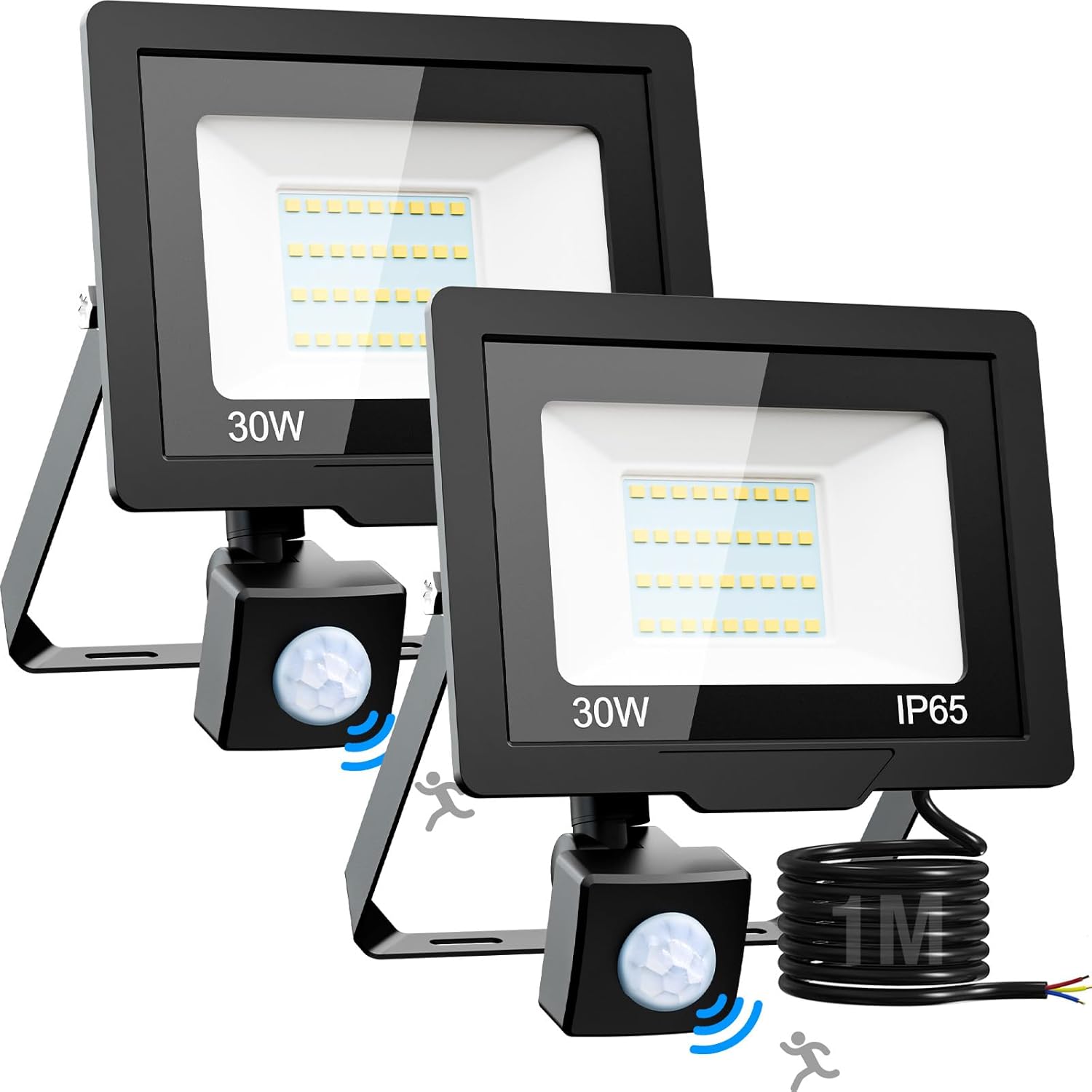 Two LED flood lights with motion sensors on a white background
