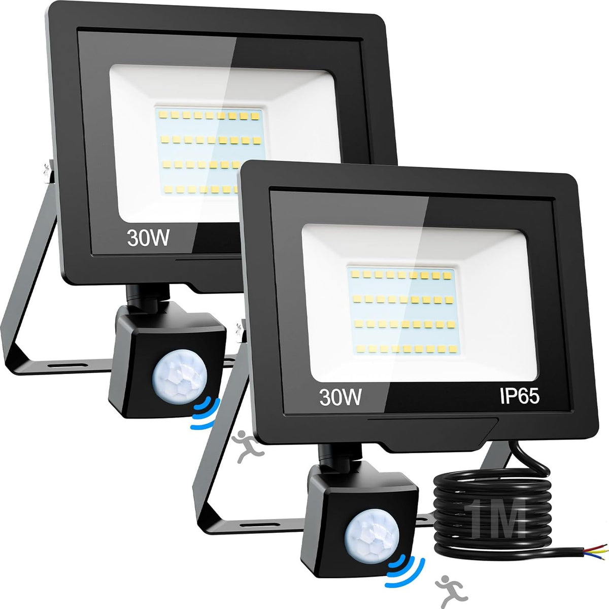 Two LED flood lights with motion sensors on a white background