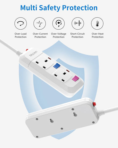 Mscien 3M Extension Lead 2 Way Plug Sockets with Individual Switches Overload Protected Power Strip Wall Mountable 3 Metre Extension Cable