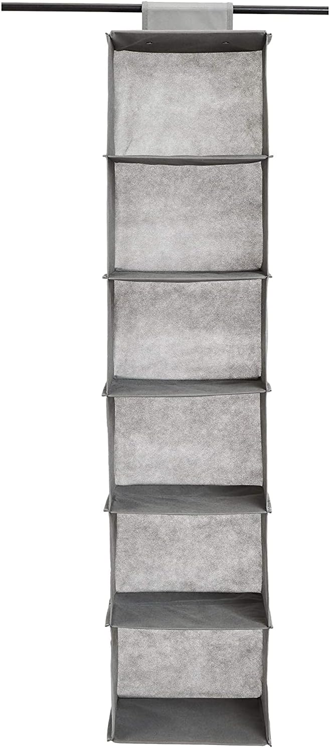 Amazon Basics 6-Tier Hanging Wardrobe Organiser, Grey Fabric Closet Shelf with 6 Compartments, Space-Saving Clothes and Accessories Storage for Bedrooms