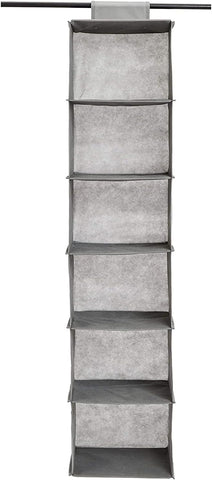 Amazon Basics 6-Tier Hanging Wardrobe Organiser, Grey Fabric Closet Shelf with 6 Compartments, Space-Saving Clothes and Accessories Storage for Bedrooms
