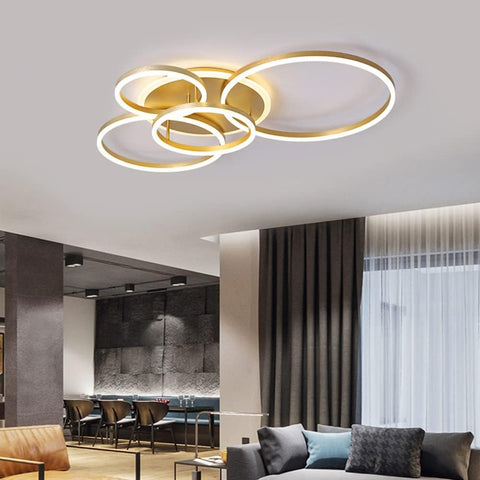 Modern Gold LED Ceiling Light, 5-Ring Flush Mount Chandelier, 74W Dimmable Ceiling Lamp with Remote