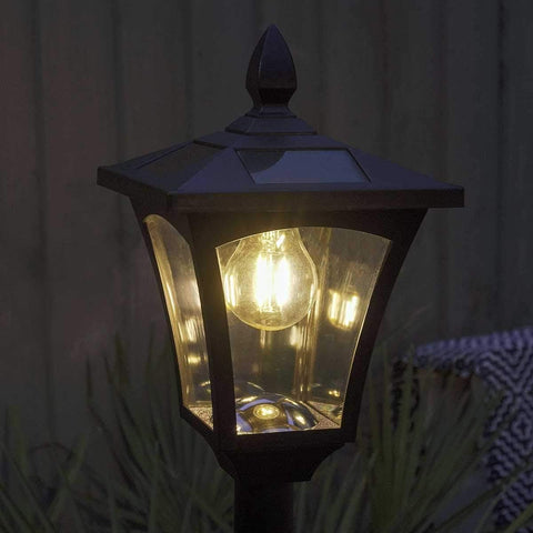 Festive Lights - 2.1m (7ft) Solar Filament Effect Twin Head Traditional Victorian Style Lamp Post Light - 6 Warm White LEDs, Dual Brightness Settings - Outdoor Garden Feature, IP44 Rated, Fixing Kit