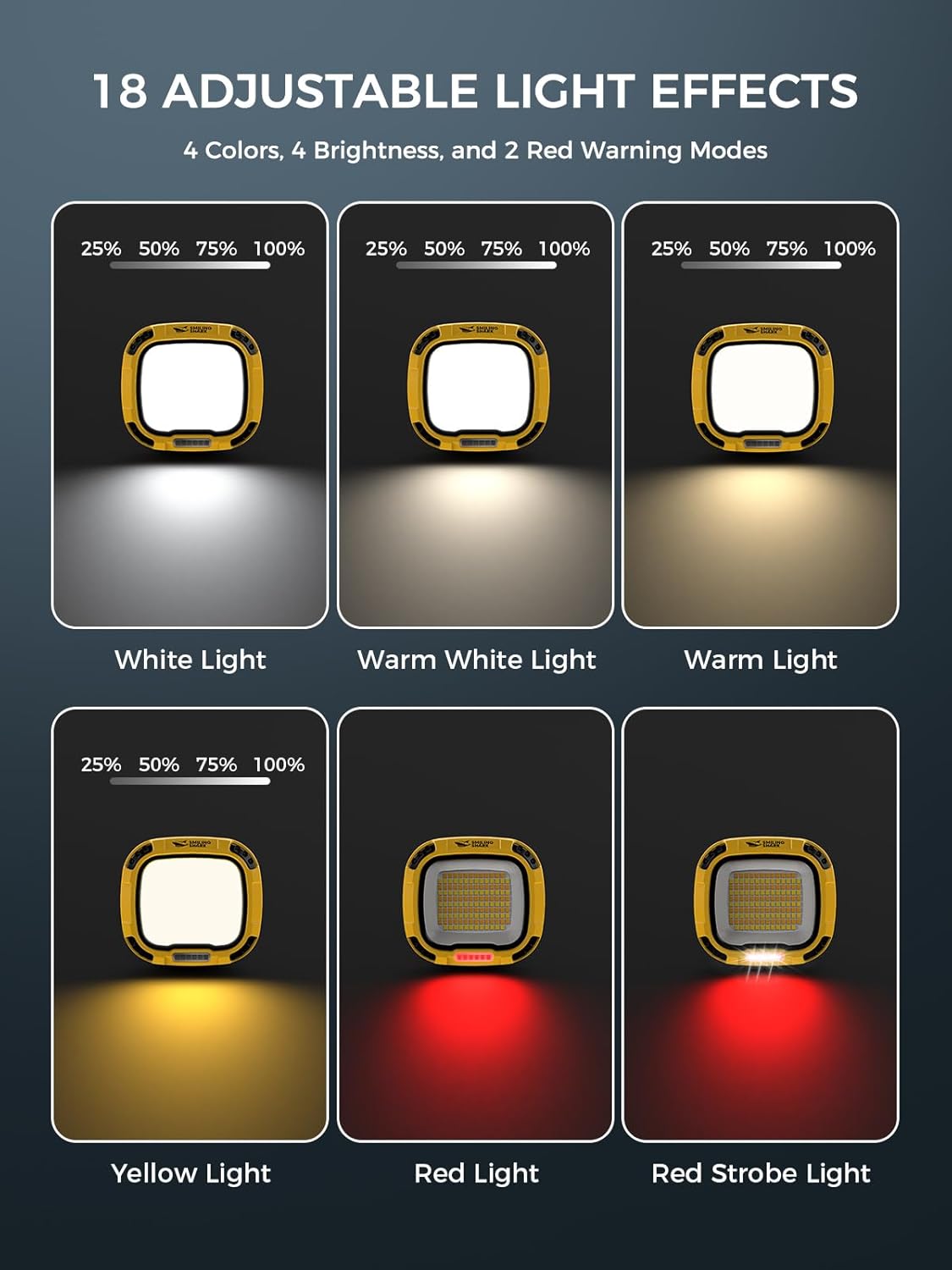 Display of adjustable light effects with different colors and modes on a dark background.