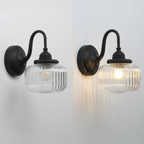 Vintage Gooseneck Wall Light Sconce with Clear Striped Glass Globe Shade Hardwired Bedside Wall Mounted Lamp Fixture