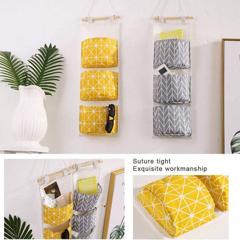 KAHEIGN 3-Piece Wall Hanging Storage Organiser – Waterproof Cotton Linen Bags with 3 Pockets Each for Bedroom, Bathroom & Kitchen – Give Every Little Essential Its Own Place